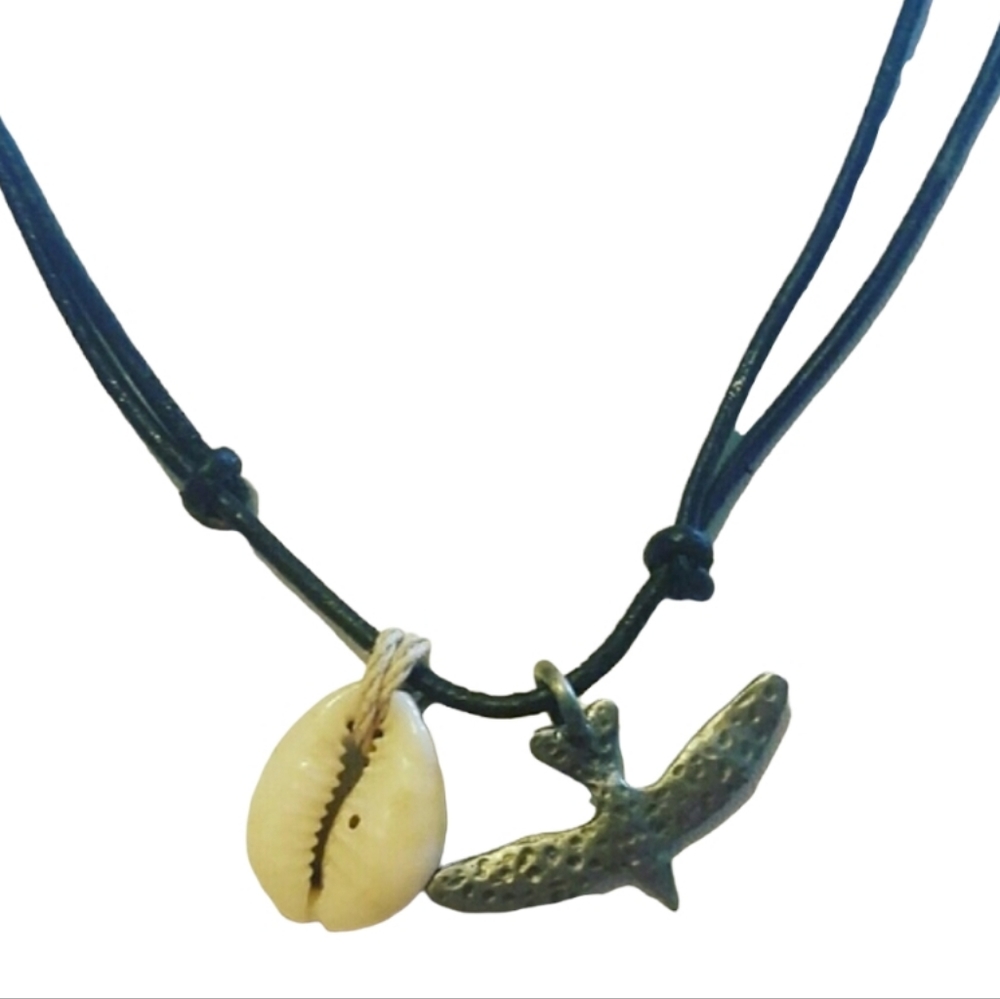 N135 Adjustable Seagull & Cowrie Shell Leather Cord Necklace